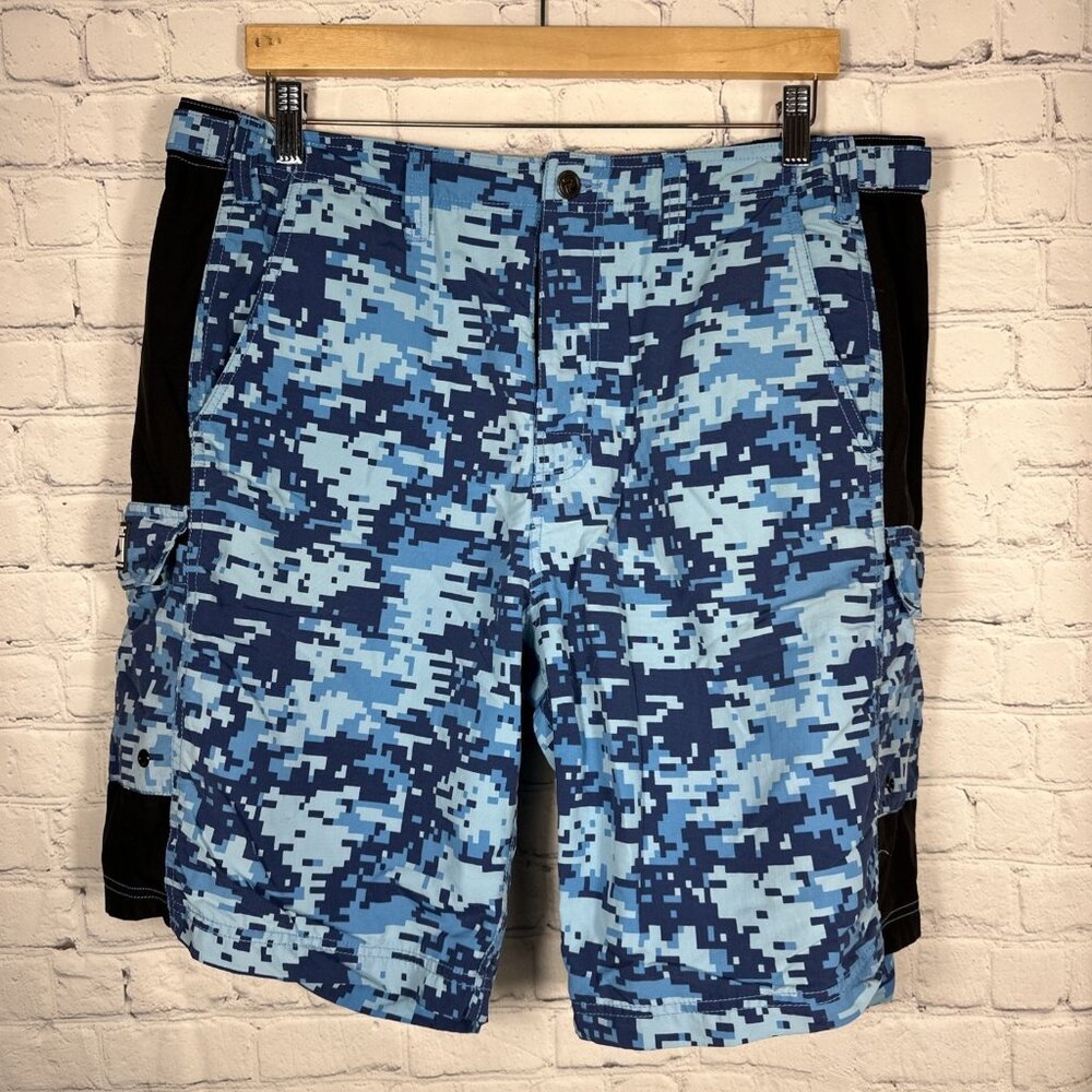 PELAGIC Board Shorts 36 Ambush Digital Blue Camo Pocket Board Swim Trunks Men's